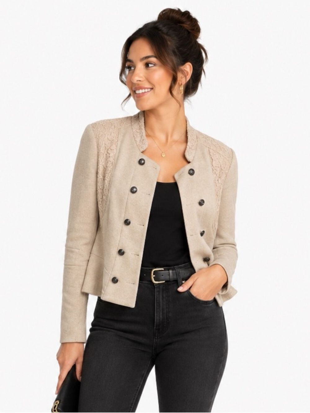 Free People We The Free Womens Military Jacket Lace Cropped Cream Lace Button